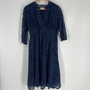 Kiyonna Mademoiselle Lace Dress Size XL Navy Cocktail Half Sleeve Cocktail Midi